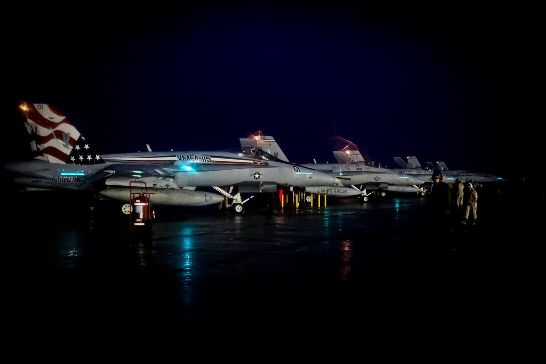 F/A-18C Hornets prepares for takeoff aboard Marine Corps Air Station Beaufort, April 9. The Hornets are with Marine Fighter Attack Squadron 115 and deployed in support of combat operation overseas. While deployed, the squadron will coordinate with our international partners and other branches of the U.S. military in order to ensure the mission is accomplished and freedom is protected.