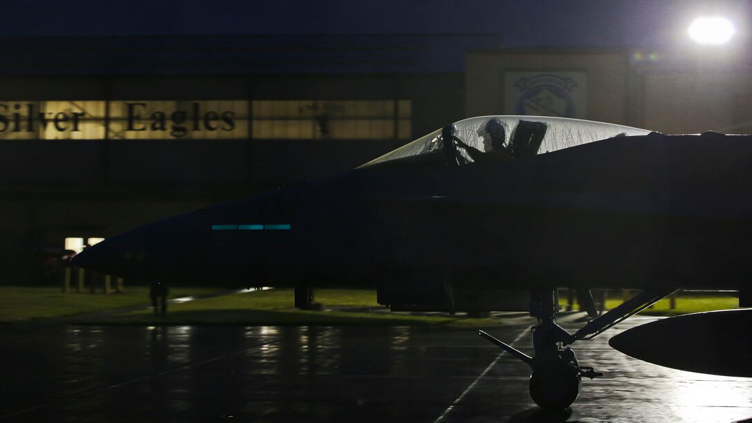 An F/A-18C Hornet prepares for takeoff aboard Marine Corps Air Station Beaufort, April 9. The Hornet is with Marine Fighter Attack Squadron 115 and deployed in support of combat operation overseas. While deployed, the squadron will coordinate with our international partners and other branches of the U.S. military in order to ensure the mission is accomplished and freedom is protected.