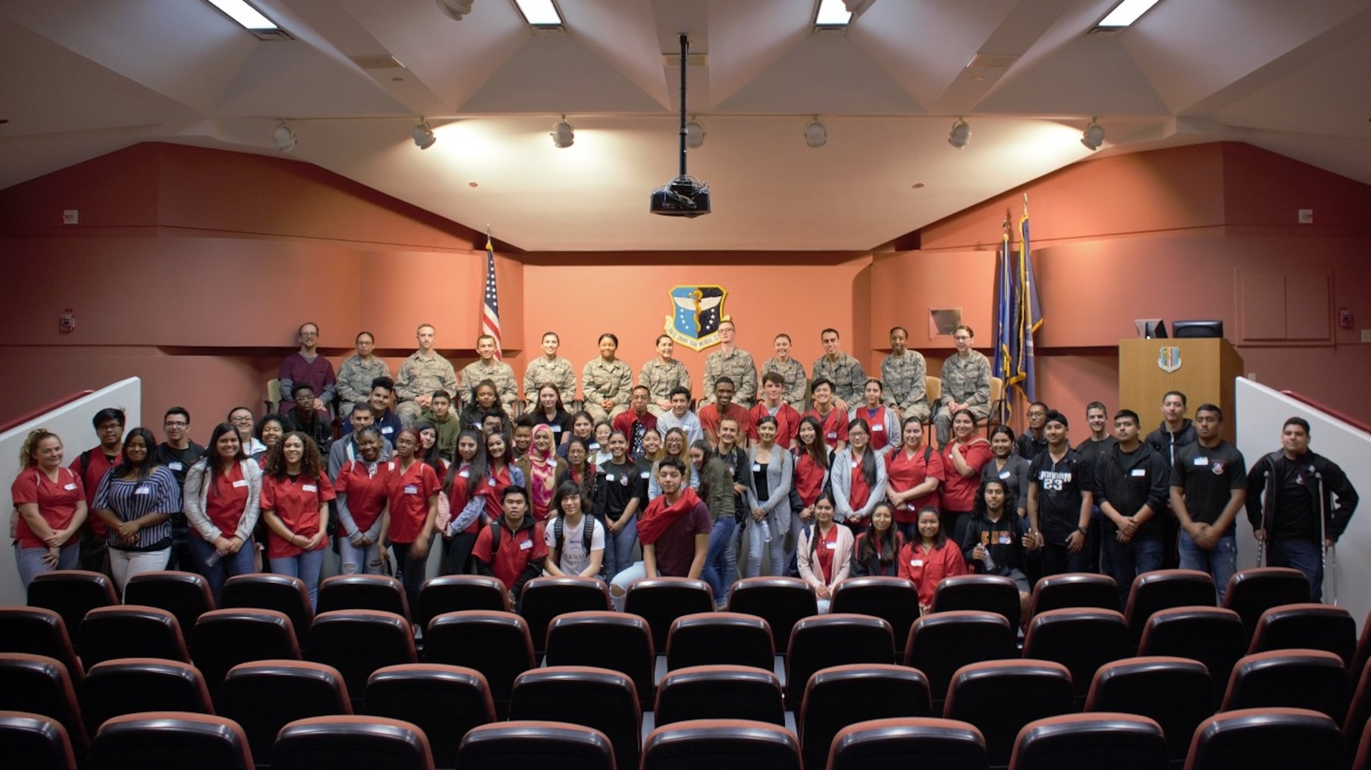 Students from De Anza High School pose for a picture in the David Grant USAF Medical Center auditorium March 29 at Travis Air Force Base, Calif.