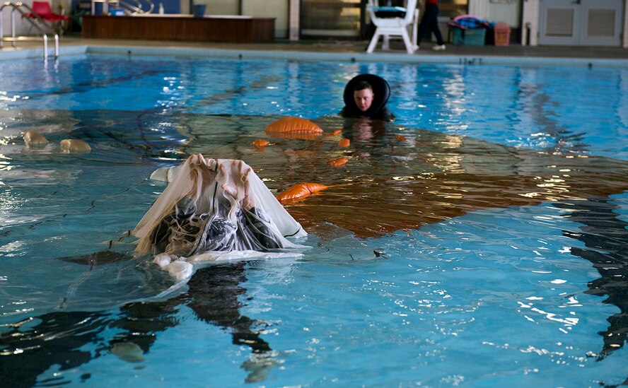 Whiteman Air Force Base, Missouri, pilots go through a water survival class.