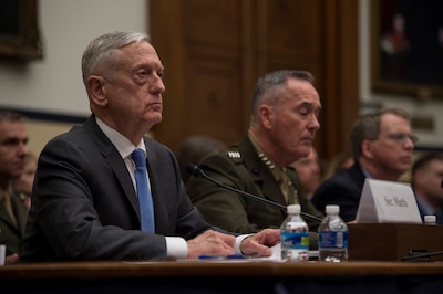 Defense Secretary James N. Mattis; Marine Corps Gen. Joe Dunford, chairman of the Joint Chiefs of Staff; and David L. Norquist, Defense Department comptroller and chief financial officer, testify on the fiscal year 2019 defense budget request.