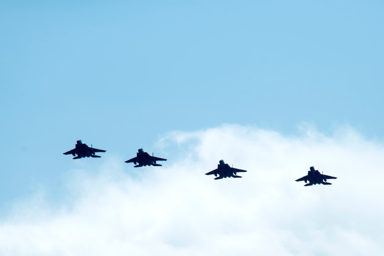 F-15E Strike Eagles from the 336th Fighter Squadron return home from deployment, April 11, 2018, at Seymour Johnson Air Force Base, North Carolina.