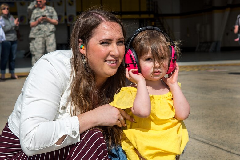 Family members of an Airmen assigned to the 336th Fighter Squadron waits for him to land, April 11, 2018, at Seymour Johnson Air Force Base, North Carolina.