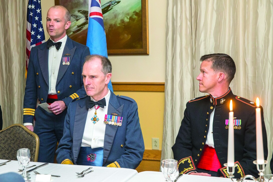 Members of the Royal Air Force, Royal Navy, and U.S. Marines celebrated the 100th anniversary of the RAF’s formation with a mess night aboard Marine Corps Air Station, Beaufort March 23. The mess night was also held to commemorate the 75th anniversary of the formation of 617 Squadron. In attendance to the mess night was the leadership of Marine Aircraft Group 31, Marine Fighter Attack Training Squadron 501, 617 Squadron, and 207 Squadron.