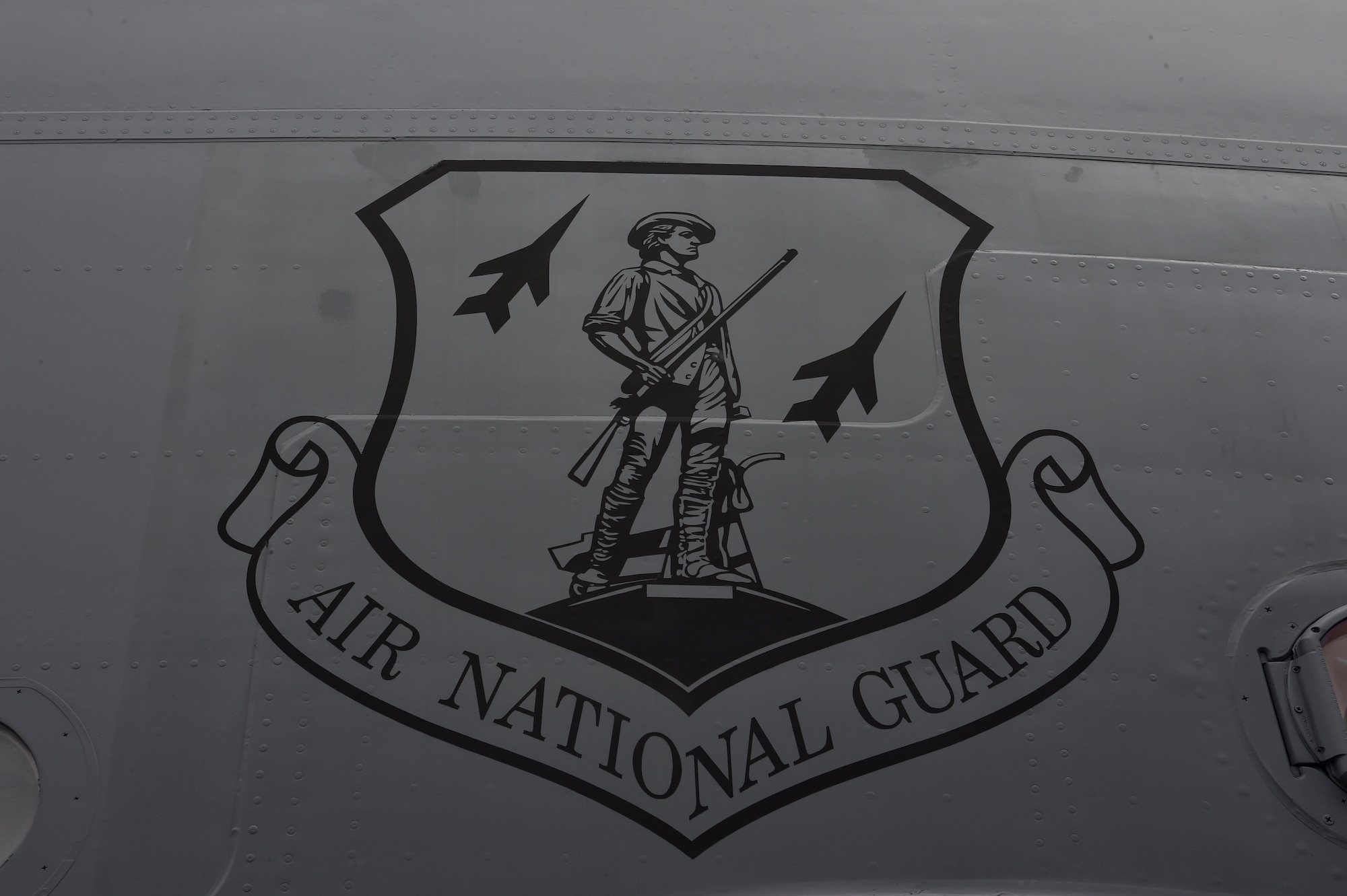 An Air National Guard emblem on a C-17 Globemaster III, previously assigned to Joint Base Charleston, S.C., sits on the flightline during preparation for relocation to Charlotte, N.C. April 4, 2018.