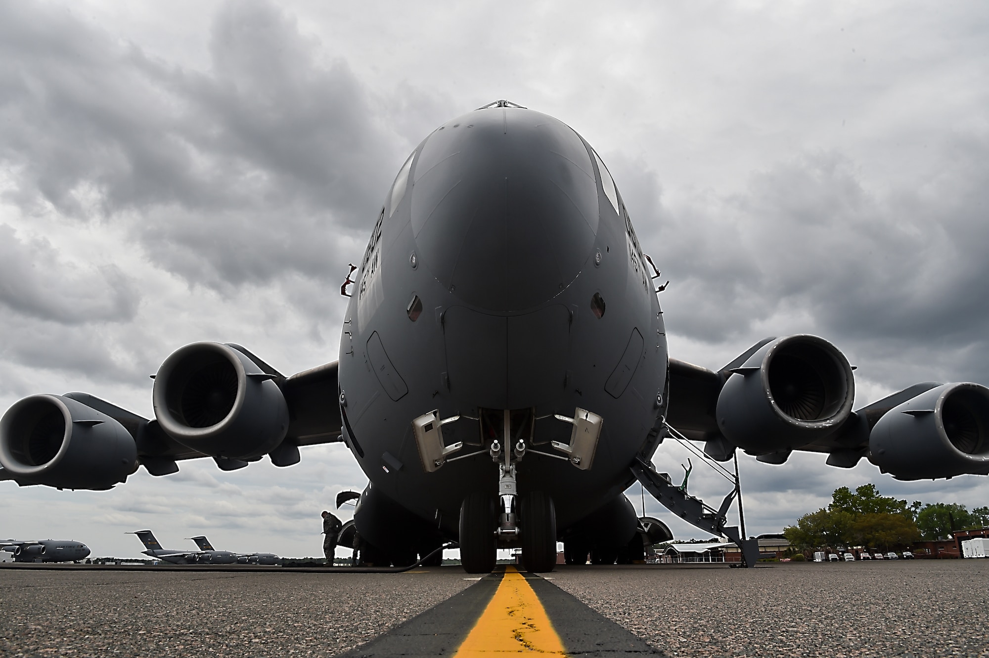 A C-17 Globemaster III, sits on the flightline at Joint Base Charleston, S.C., as it is prepared for transfer to the Charlotte Air National Guard, N.C., April 4, 2018.