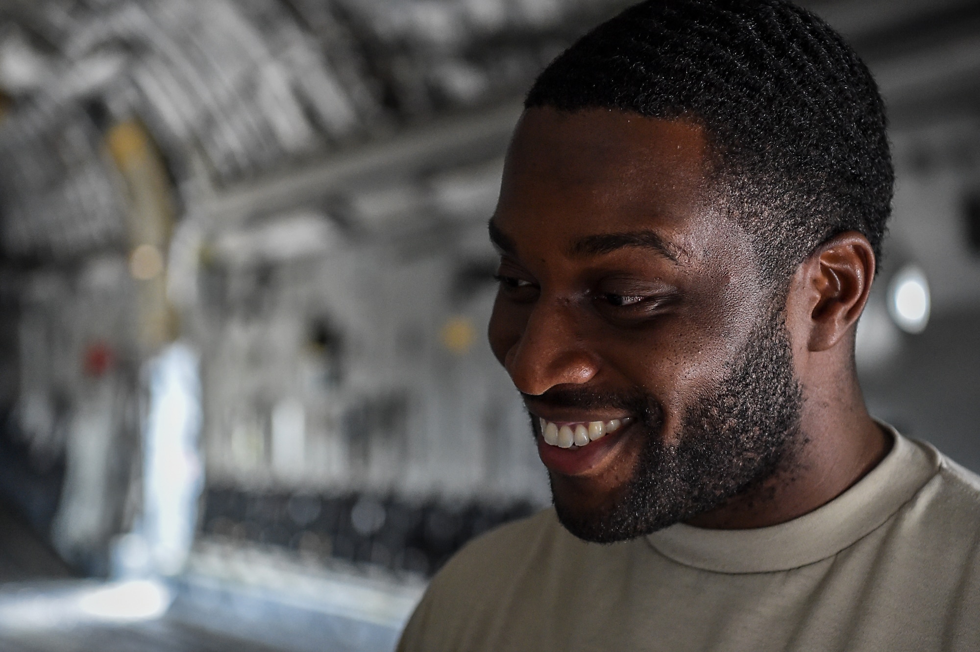 Senior Airman Frank Manker, 437th Aircraft Maintenance Squadron crew chief, conducts an aircraft inspection at Joint Base Charleston, S.C., April 4, 2018.