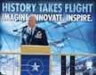 Col. Michael Manion, 55th Wing commander, gives opening remarks to a crowd during the War and Peace event commemorating the 70th anniversary of the U.S. Air Force and 100th anniversary of the U.K. Royal Air Force ceremony on April 7, 2018 inside the Strategic Air and Space Museum in Ashland, Nebraska.