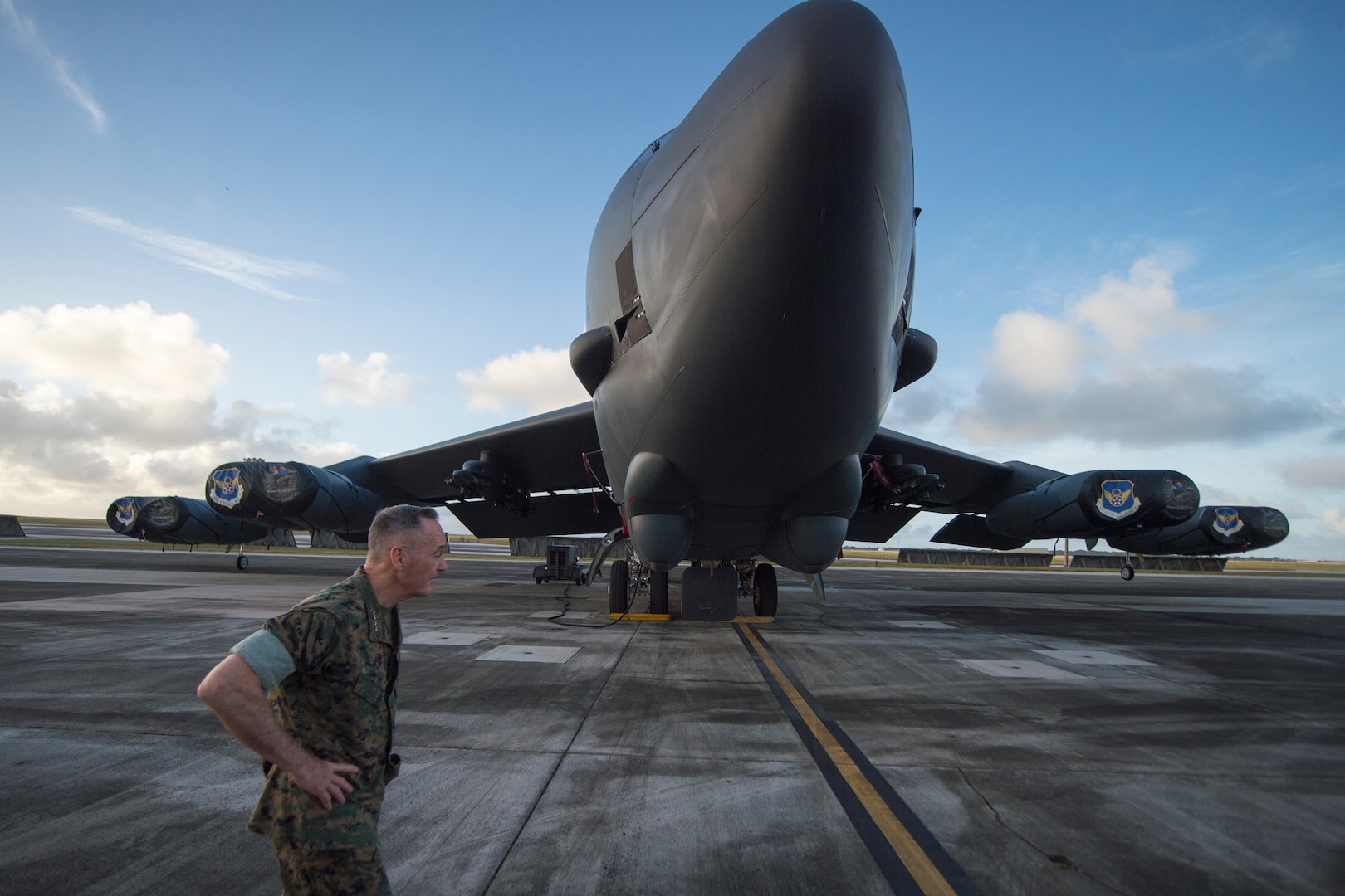 General Dunford walks past B-52 aircraft during tour of Andersen Air Force Base, Guam, February 8, 2018 (DOD/Dominique A. Pineiro)