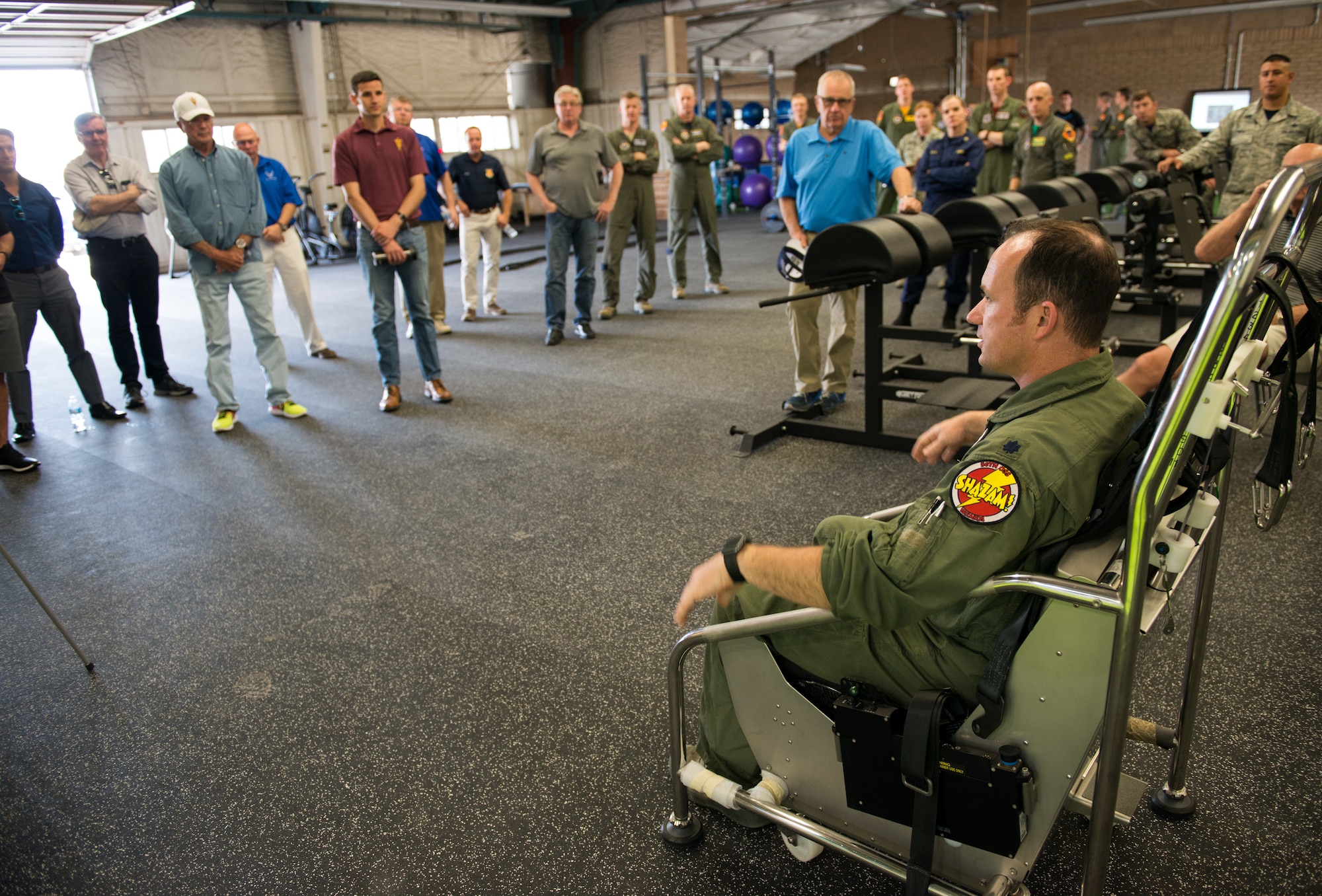 Sports representatives from around the Phoenix area visit the Tactical Integrated Training And Nutrition Arena at Luke Air Force Base, Ariz., April 6, 2018. The TITAN Arena will allow the professionals of the Human Performance Team to treat and develop fitness plans for pilots and other high-activity Airmen. (U.S. Air Force photo by Airman 1st Class Alexander Cook)