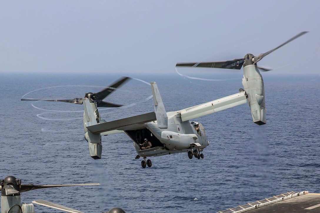U.S. 5TH FLEET AREA OF OPERATIONS (April 10, 2018) A U.S. Marine Corps MV-22B Osprey with Marine Medium Tiltrotor Squadron (VMM) 162 (Reinforced), 26th Marine Expeditionary Unit (MEU), takes off from the Wasp-class amphibious assault ship USS Iwo Jima (LHD 7), April 10, 2018.