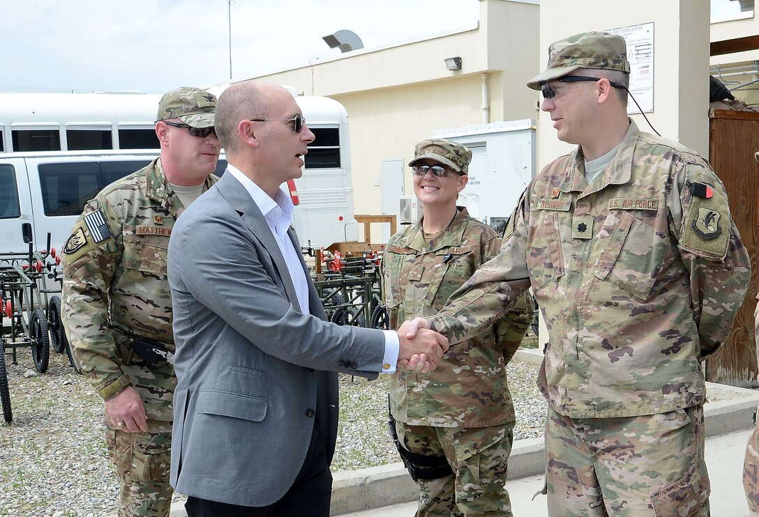 Mr. Shon Manasco, Assistant Secretary of the Air Force for Manpower and Reserve Affairs, visits members at the 455th Air Expeditionary Wing at Bagram Airfield, Afghanistan April 10, 2018.