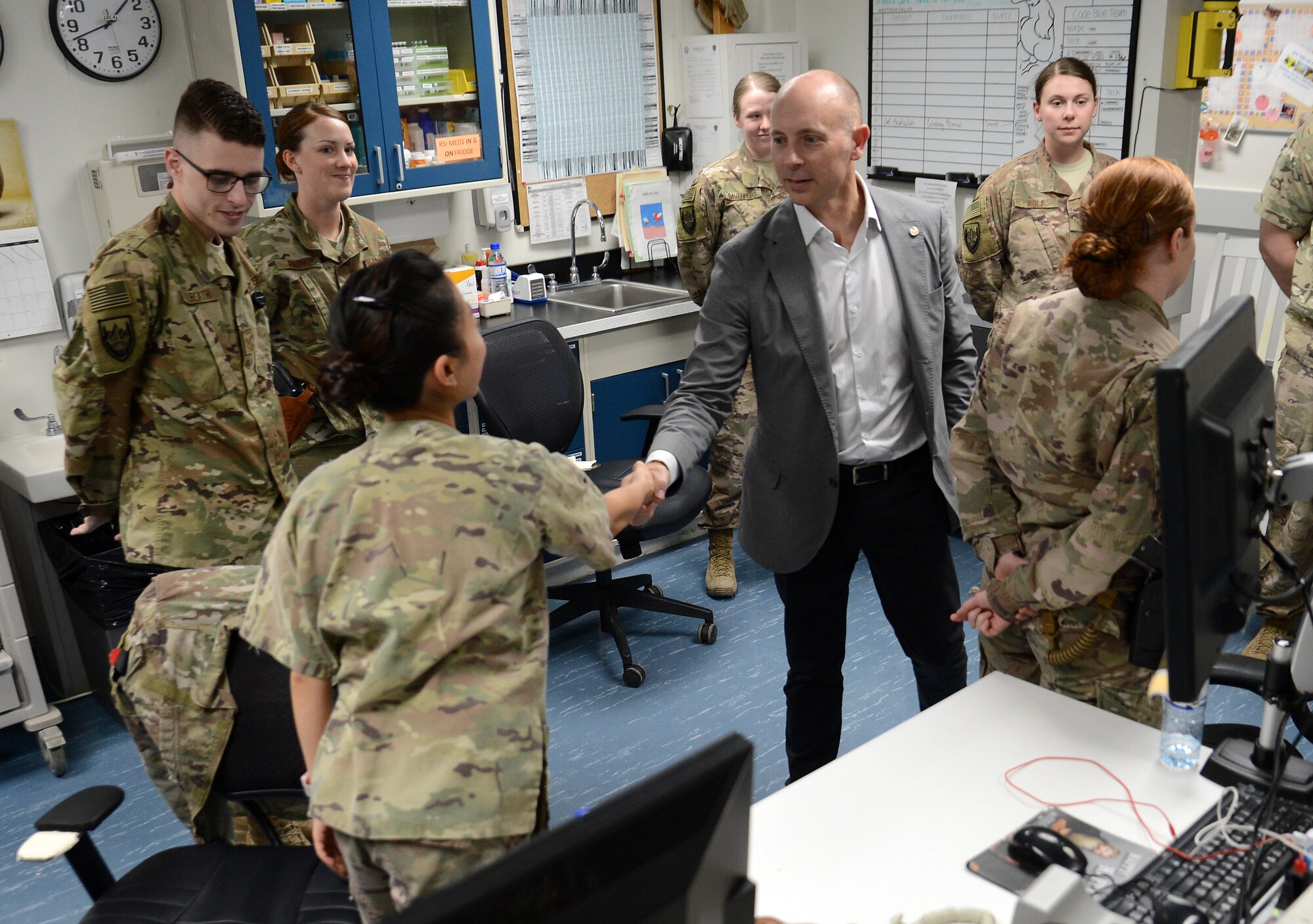 Mr. Shon Manasco, Assistant Secretary of the Air Force for Manpower and Reserve Affairs, visits members at the 455th Air Expeditionary Wing at Bagram Airfield, Afghanistan April 10, 2018.