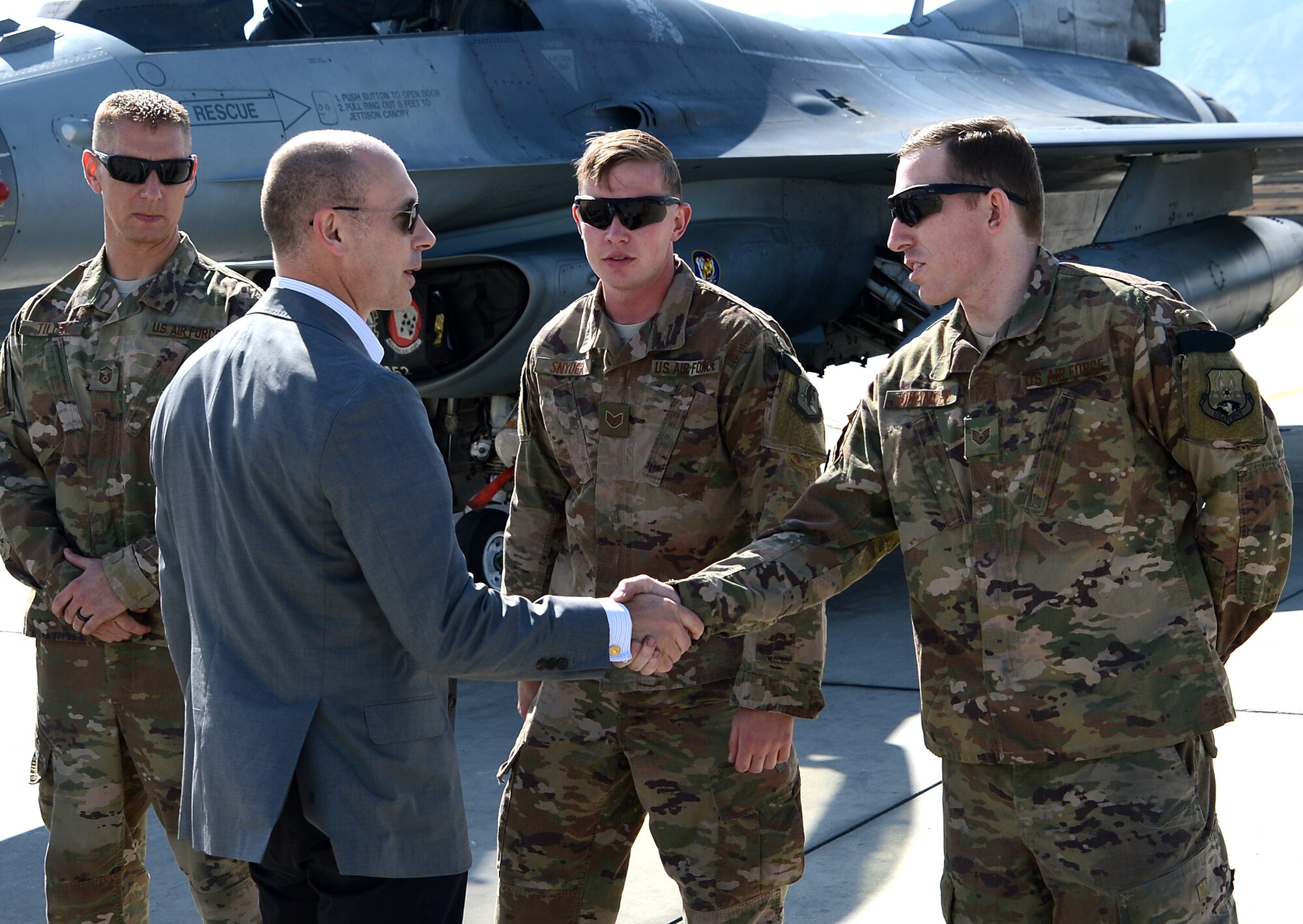 Mr. Shon Manasco, Assistant Secretary of the Air Force for Manpower and Reserve Affairs, visits members at the 455th Air Expeditionary Wing at Bagram Airfield, Afghanistan April 10, 2018.