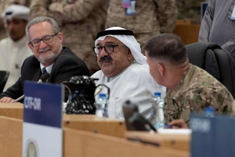 Shaykh Nasser, First Deputy Prime Minister and Minister of Defense Kuwait, attends a briefing alongside Lawrence R. Silverman, U.S. Ambassador to Kuwait and Maj. Gen. Flem B. “Donnie” Walker Jr., Commanding General,1st Theater Sustainment Command and USARCENT Deputy Commanding General-Sustainment, April 11, 2018, Camp Arifjan, Kuwait. The brief gave the minister an overview of U.S. Army Central Command’s scope within the area of responsibility and the importance of the relationship between Kuwait and the U.S. Army.