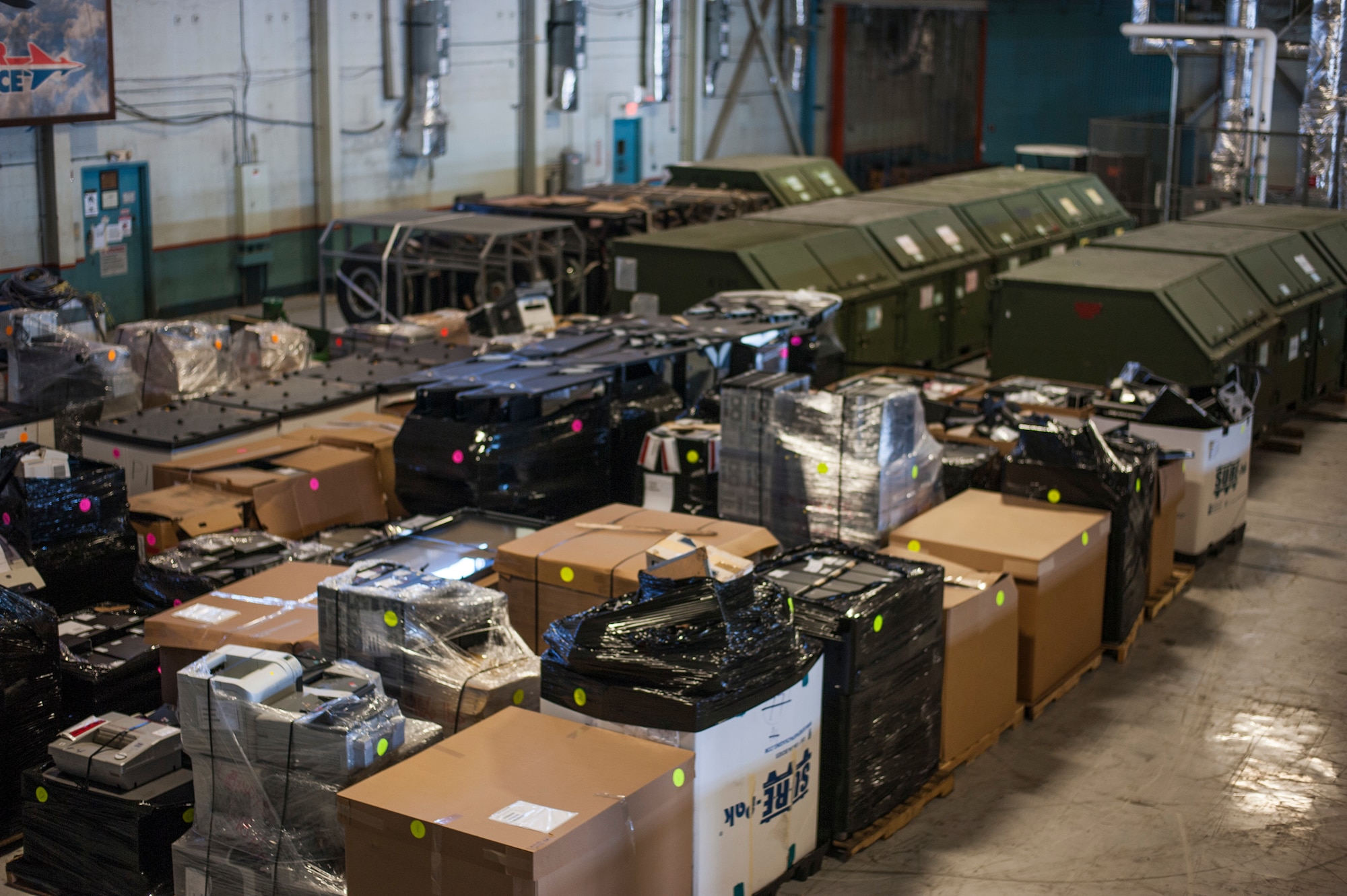 Pallets of inventory items stored in a temporary location inside the 6th Logistics Readiness Squadron warehouse at MacDill Air Force Base, Fla., April 11, 2018.