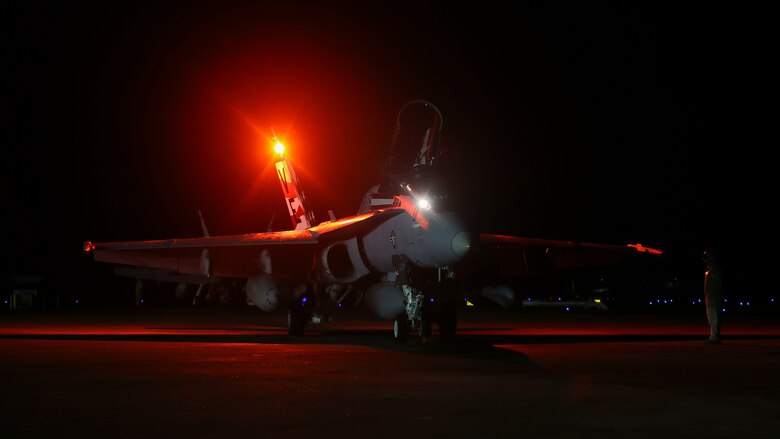 An F/A-18C Hornet prepares for takeoff aboard Marine Corps Air Station Beaufort, April 9. The Hornet is with Marine Fighter Attack Squadron 115 and deployed in support of combat operation overseas. While deployed, the squadron will coordinate with our international partners and other branches of the U.S. military in order to ensure the mission is accomplished and freedom is protected.