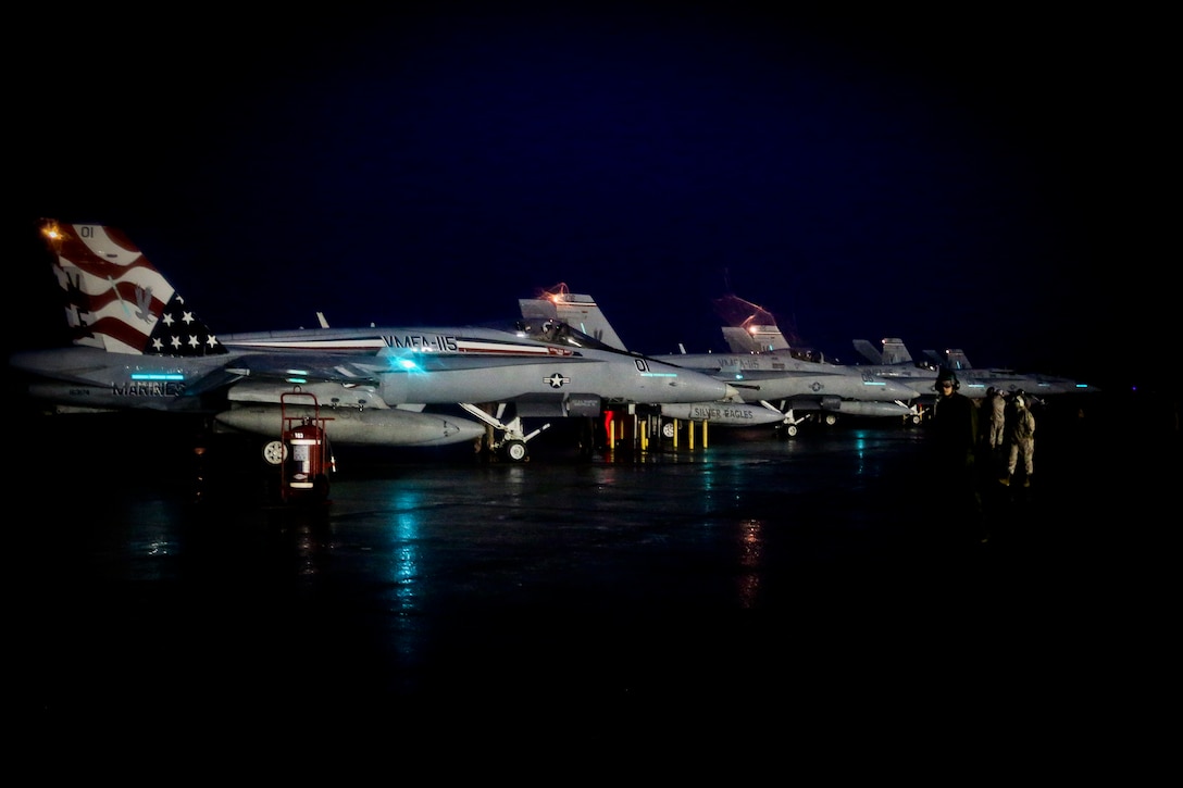 F/A-18C Hornets is with Marine Fighter Attack Squadron 115 and deployed in support of combat operation overseas. While deployed, the squadron will coordinate with our international partners and other branches of the U.S. military in order to ensure the mission is accomplished and freedom is protected.