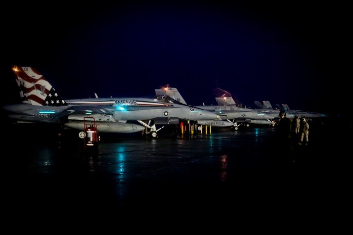 F/A-18C Hornets is with Marine Fighter Attack Squadron 115 and deployed in support of combat operation overseas. While deployed, the squadron will coordinate with our international partners and other branches of the U.S. military in order to ensure the mission is accomplished and freedom is protected.
