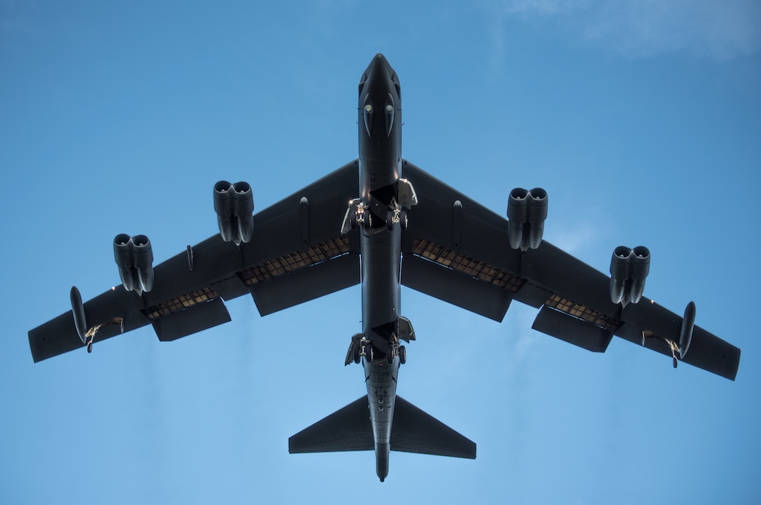 A U.S. Air Force B-52H Stratofortress, assigned to the 20th Expeditionary Bomb Squadron, deployed from Barksdale Air Force Base, La., approaches the flightline at Royal Australian Air Force Base Darwin, Australia, April 6, 2018. Two U.S. Air Force bombers visited the base in Australia’s Northern Territory to support the U.S. Pacific Command's Enhanced Air Cooperation initiative in cooperation with RAAF joint terminal attack controller teams. The EAC comprises a range of air exercises and training activities designed to enhance regional cooperation, coordination and interoperability between Australian and U.S. service members. (U.S. Air Force photo by Staff Sgt. Alexander W. Riedel)