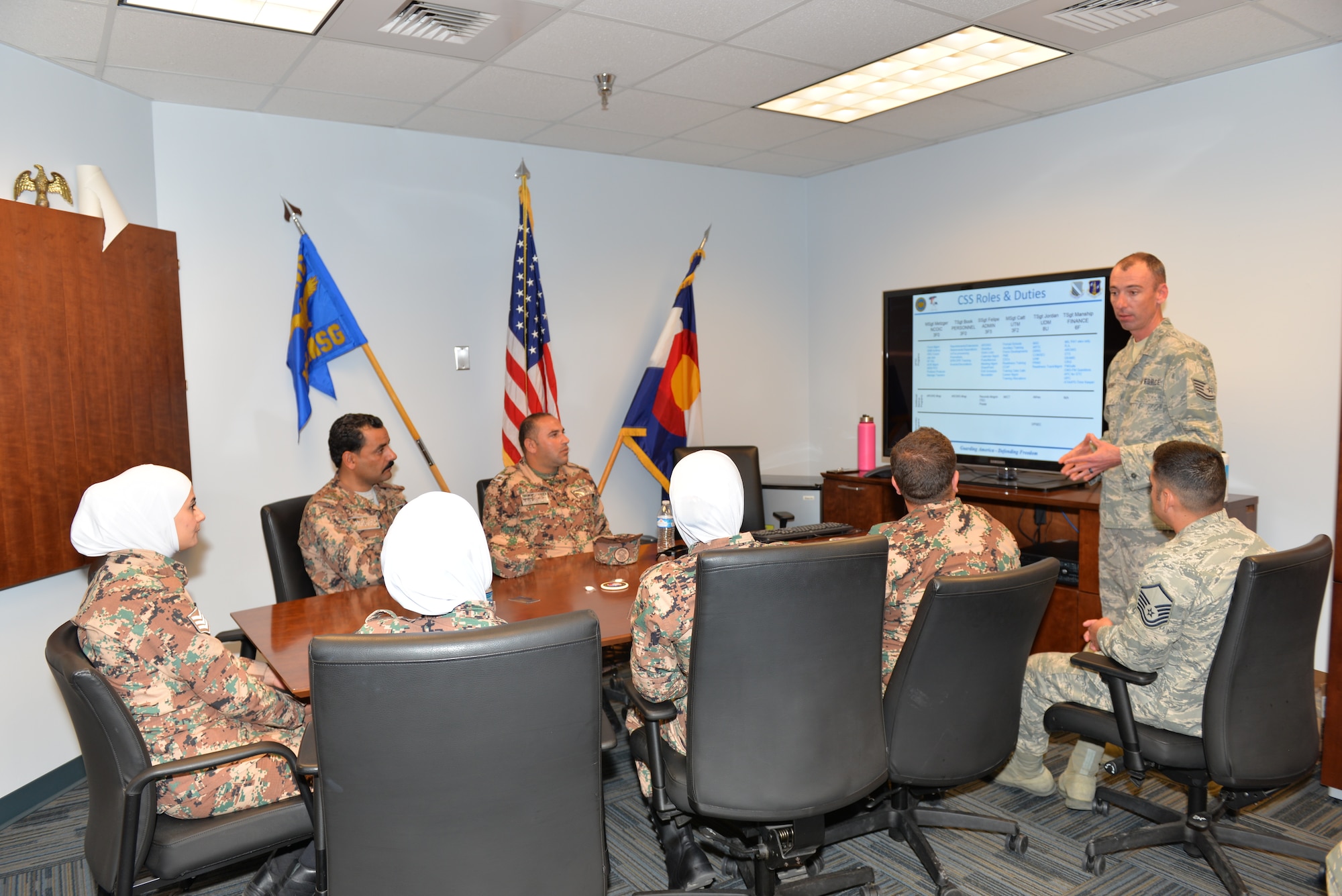Airman briefing group of Jordanians during NCO development exchange