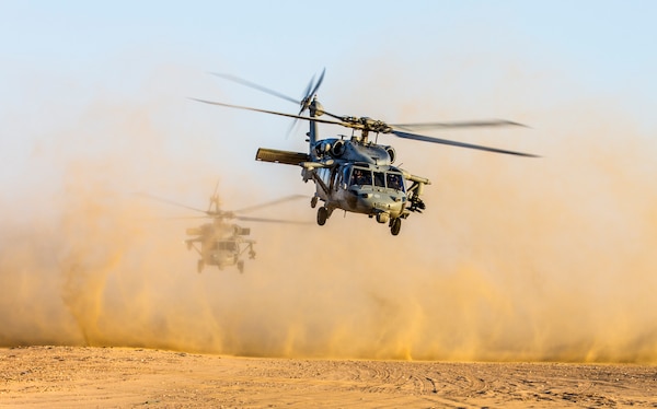 Two Navy MH-60S Sea Hawk helicopters from USS George H.W. Bush take off during joint fire exercise with Army AH-64 Apaches from 3rd Battalion, 159th Attack Reconnaissance Battalion, 42nd Combat Aviation Brigade, and
Air Force joint terminal attack controllers from 82nd Expeditionary Air Operations Squadron, on July 8, 2014, near Camp Buehring, Kuwait (New York Army National Guard/Harley Jelis)