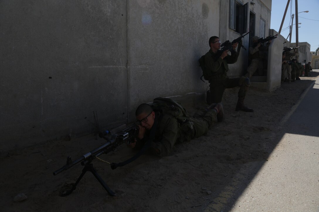 NATIONAL TRAINING CENTER, ISRAEL (March 12, 2018) U.S. Marines assigned to Battalion Landing Team, 2nd Battalion, 6th Marine Regiment (BLT 2/6), 26th Marine Expeditionary Unit conduct lane training alongside Israeli soldiers as part of exercise Juniper Cobra, Mar. 12, 2018. The 26th MEU is participating in Juniper Cobra with the Israeli Defense Force in order to improve interoperability and hone both forces’ skills in a variety of environments.