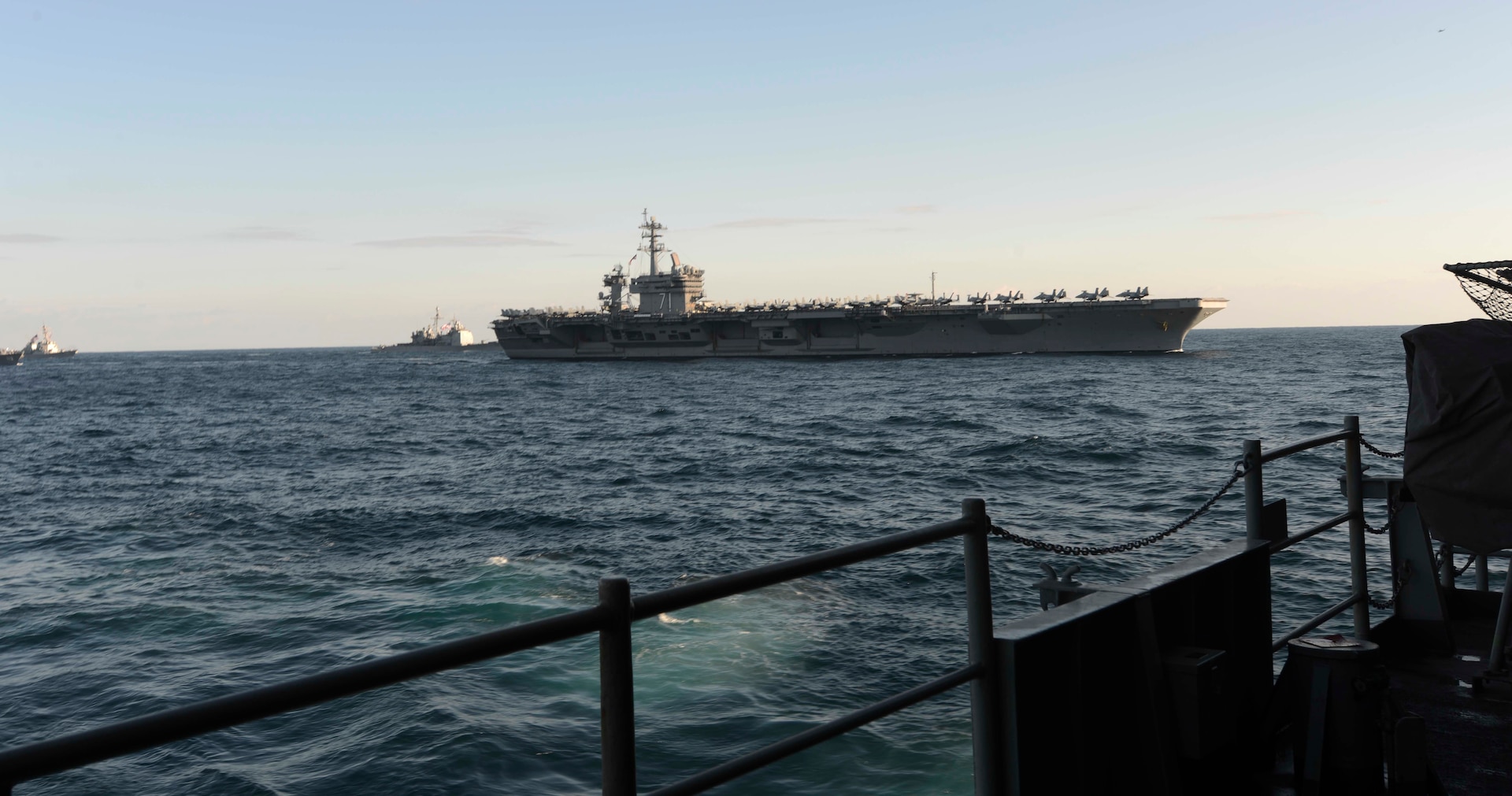 USS Ronald Reagan, USS Theodore Roosevelt, and USS Nimitz conduct operations in international waters as part of three-carrier strike force exercise,
Western Pacific, November 12, 2017 (U.S. Navy/James Ku)