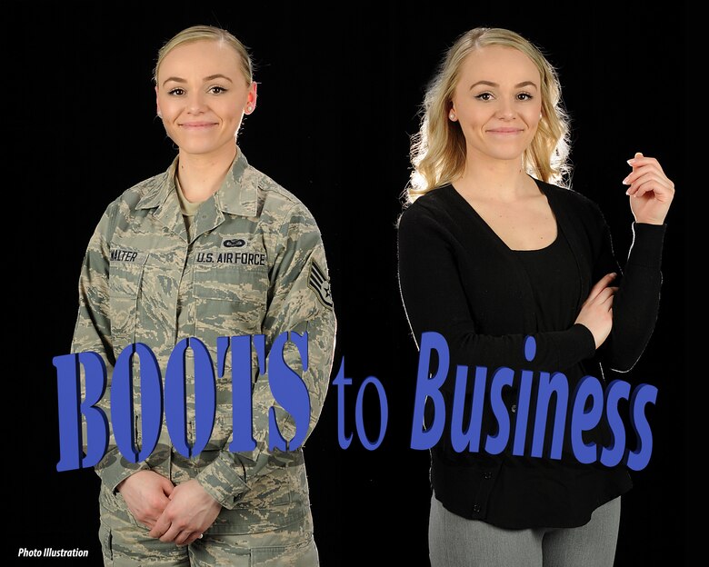 Staff Sgt. Kayla M. McWalter, a production recruiter assigned to the 157th Air Refueling Wing, poses for a portrait on April 10, 2018 at Pease Air National Guard Base, N.H. The Boots to Business workshop is scheduled to take place from April 17-18, 2018. (N.H. Air National Guard photo illustration by Staff Sgt. Kayla White)