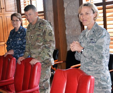 (From left) Rear Adm. Rebecca McCormick-Boyle, commander, Navy Medicine Education, Training and Logistics Command; Lt. Gen. Jeffrey Buchanan, commanding general, U.S. Army North (Fifth Army); and Brig. Gen. Heather Pringle, commander, 502nd Air Base Wing and Joint Base San Antonio joined together April 12 with students, local educators and representatives from the Fort Sam Houston and Lackland Independent School Districts to recognize and honor the commitment, contributions and sacrifices children and youth make to the nation.