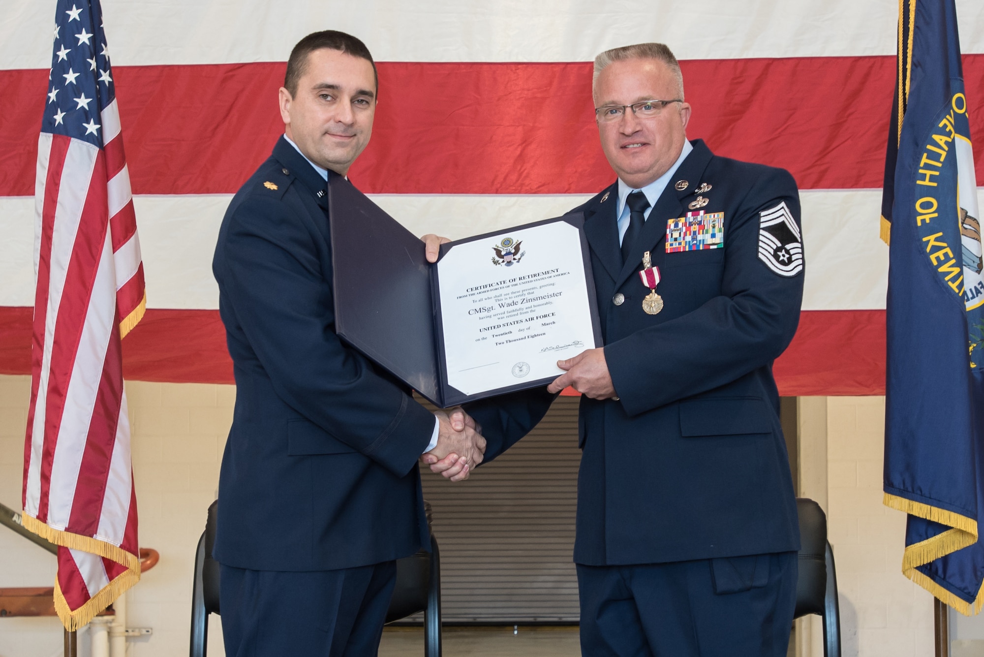 Chief Master Sgt. Wade Zinsmeister retired from the U.S. Air Force and Kentucky Air National Guard during a ceremony at the 123rd Airlift Wing in Louisville, Ky., March 4, 2018. Zinsmeister, the component maintenance flight chief in the wing’s 123rd Aircraft Maintenance Squadron, served for more than 30 years.