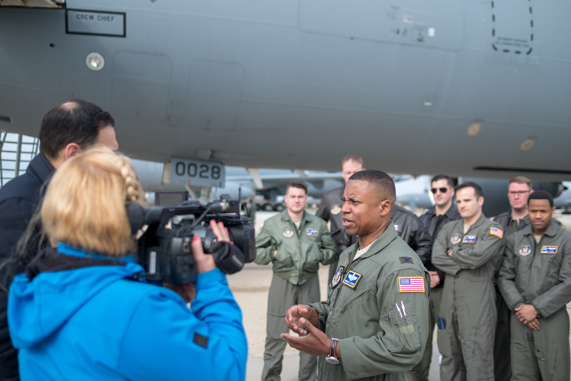 Col. Adrian Byers, 514th Air Mobility Wing vice commander, speaks with local media. Media was invited to Joint Base McGuire-Dix-Lakehurst on April 7th, 2018, to celebrate the upcoming Air Force Reserve's 70th birthday.