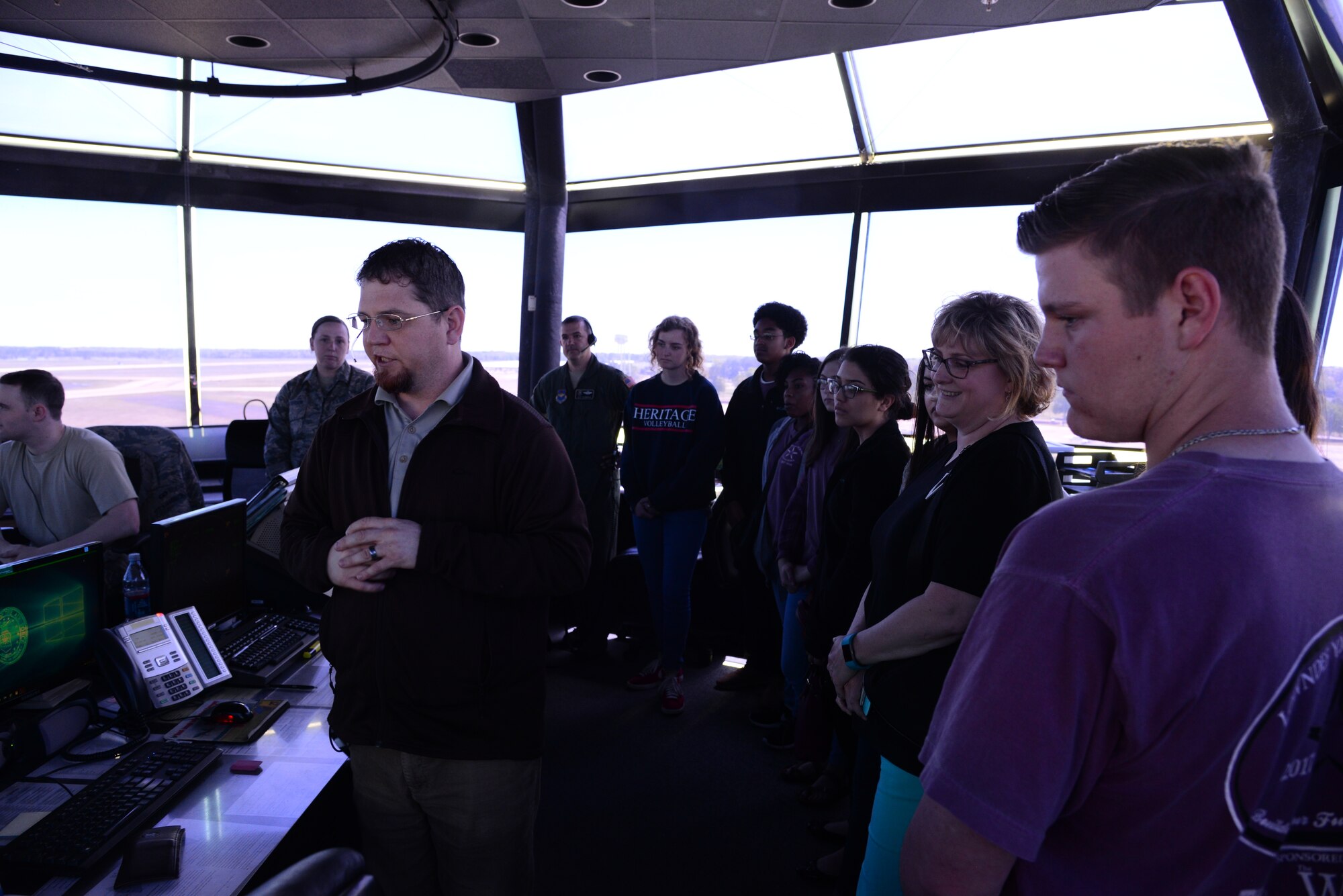 Lowndes Young Leaders watch 14th Operations Support Squadron air traffic controllers as they direct aircraft April 10, 2018. On average, 100 freshman apply for the program but only about 20 percent are selected. (U.S. Air Force photo by Airman 1st Class Beaux Hebert)