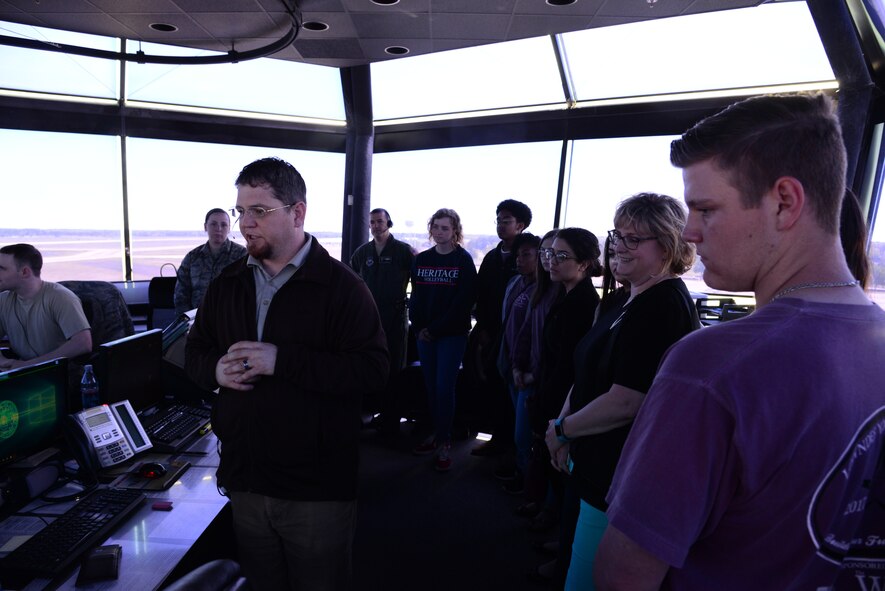 Lowndes Young Leaders watch 14th Operations Support Squadron air traffic controllers as they direct aircraft April 10, 2018. On average, 100 freshman apply for the program but only about 20 percent are selected. (U.S. Air Force photo by Airman 1st Class Beaux Hebert)