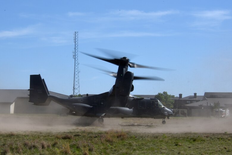 A 20th Special Operations Squadron CV-22 Osprey takes off from Goodfellow Air Force Base, Texas, 11 April, 2018.  The aircraft was on display and open to all personnel on base for a tour and explanation of the aircraft's mission. The first operational CV-22 was delivered to Air Force Special Operations Command in January 2007. Initial operational capability was achieved in 2009. A total of 51 CV-22 aircraft are scheduled to be delivered by the end of 2019.