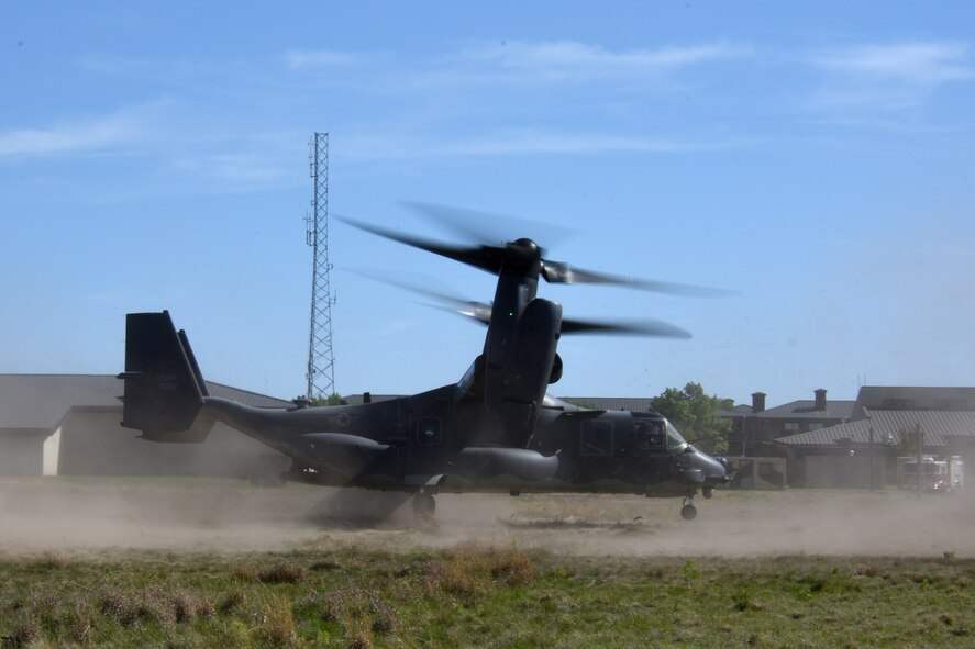 A 20th Special Operations Squadron CV-22 Osprey takes off from Goodfellow Air Force Base, Texas, 11 April, 2018.  The aircraft was on display and open to all personnel on base for a tour and explanation of the aircraft's mission. The first operational CV-22 was delivered to Air Force Special Operations Command in January 2007. Initial operational capability was achieved in 2009. A total of 51 CV-22 aircraft are scheduled to be delivered by the end of 2019.