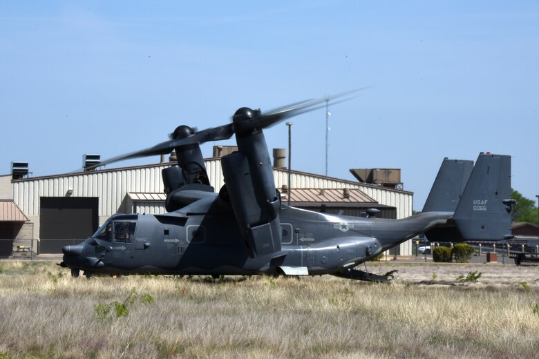 A 20th Special Operations Squadron CV-22 Osprey lands on Goodfellow Air Force Base, Texas, 11 April, 2018.  The aircraft was on display and open to all personnel on base. The CV-22 is the Special Operation Forces variant of the U.S. Marine Corps MV-22 Osprey. The first two test aircraft were delivered to Edwards Air Force Base, Calif., in September 2000. The 58th Special Operations Wing at Kirtland AFB, N.M., began CV-22 aircrew training with the first two production aircraft in August 2006.