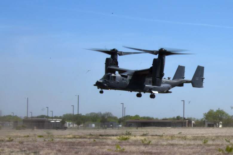 The 20th Special Operations Squadron lands a CV-22 Osprey at Goodfellow Air Force Base, Texas, 11 April, 2018. The 20th 20 SOS and the 56th Special Operations Intelligence Squadron personnel were available afterward to speak with Goodfellow trainees about the aircraft and how their commands support America's strategic goals. This versatile, self-deployable aircraft offers increased speed and range over other rotary-wing aircraft, enabling Air Force Special Operations Command aircrews to execute long-range special operations missions.
