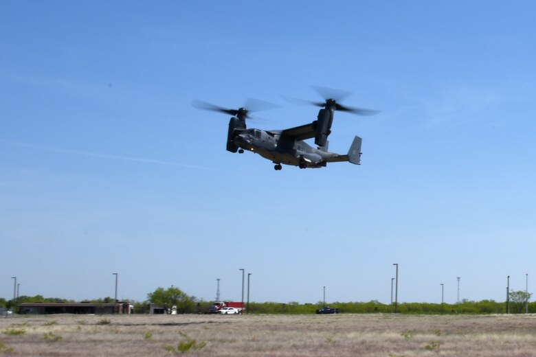 A 20th Special Operations Squadron CV-22 Osprey makes an approach at Goodfellow Air Force Base, Texas, 11 April, 2018.  The aircraft was on display and open to all personnel on base. The Osprey is a tiltrotor aircraft that combines the vertical takeoff, hover and vertical landing qualities of a helicopter with the long-range, fuel efficiency and speed characteristics of a turboprop aircraft. Its mission is to conduct long-range infiltration, exfiltration and resupply missions for special operations forces.