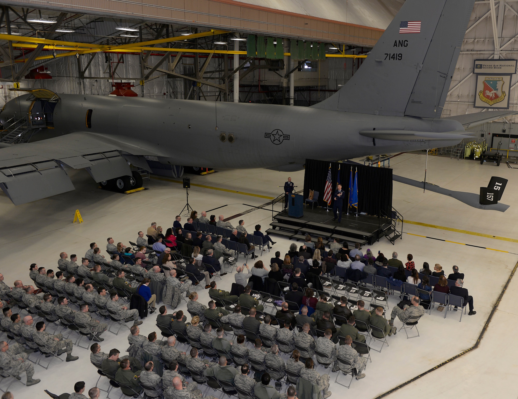 Col. James P. Ryan, retired 157th Air Refueling Wing commander, speaks during his retirement ceremony on April 07, 2018 at Pease Air National Guard Base, N.H. Ryan retired after more than 30 years of service. (N.H. Air National Guard photo by Airman 1st Class Victoria Nelson)