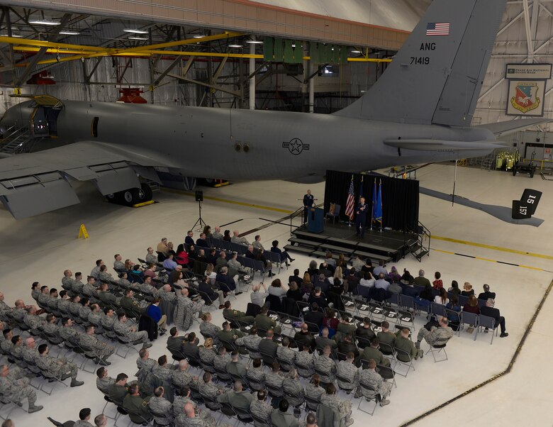 Col. James P. Ryan, retired 157th Air Refueling Wing commander, speaks during his retirement ceremony on April 07, 2018 at Pease Air National Guard Base, N.H. Ryan retired after more than 30 years of service. (N.H. Air National Guard photo by Airman 1st Class Victoria Nelson)