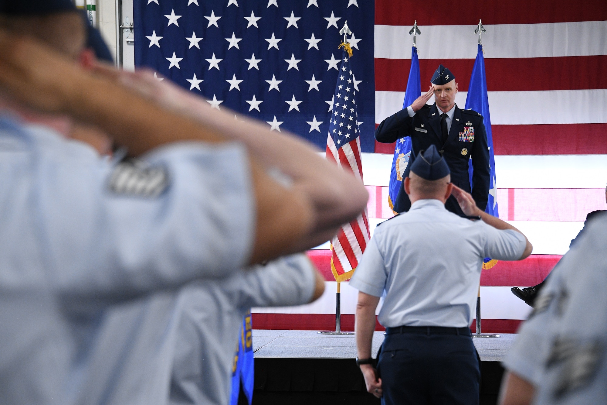 Col. Jon A. Eberlan, 75th Air Base Wing commander, gives his first salute to Airmen in the wing during a change of command ceremony April 13, 2018, at Hill Air Force Base, Utah. (U.S. Air Force photo by R. Nial Bradshaw)