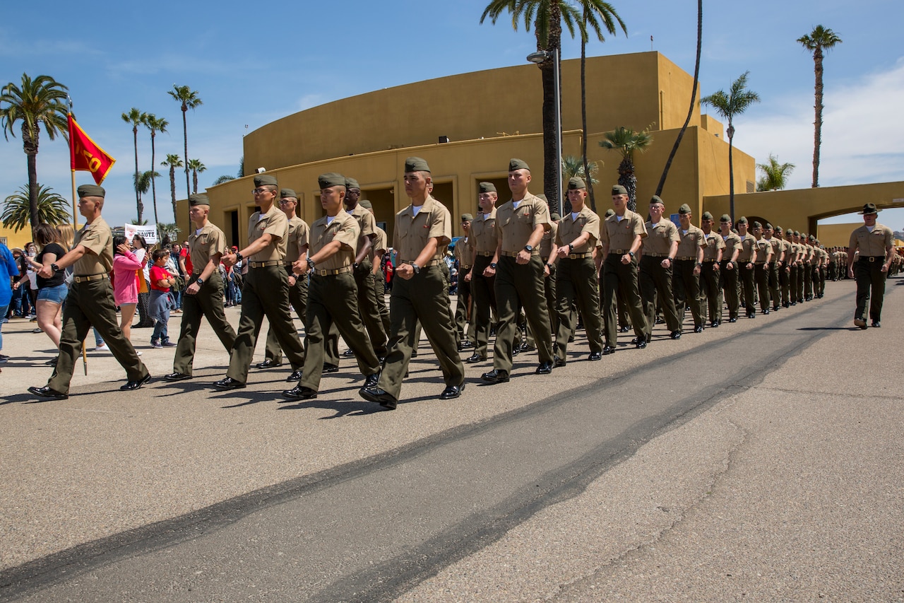 Marines of Charlie Company, 1st Recruit Training Battalion, march in formation during liberty call at Marine Corps Recruit Depot San Diego.