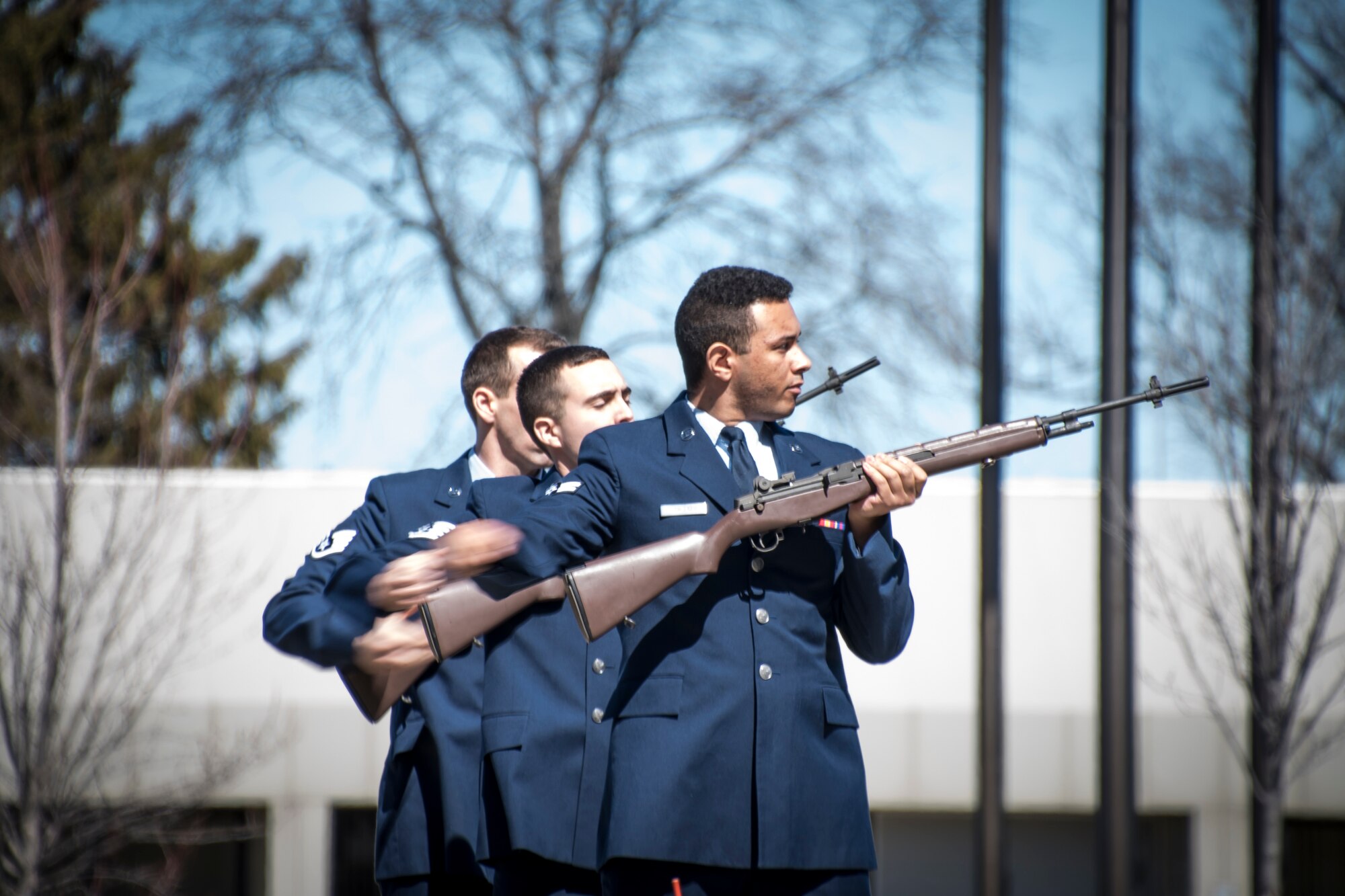 Members of the Wright Patterson Air Force Base Honor Guard graduated 10 new members from the Ohio Air National Guard and Air Force Reserve March 23, 2018 at the 200th RED HORSE Squadron, Camp Perry, Ohio. The members went through a one week training to be able to perform military funeral honors in support of the Wright Patterson Air Force Base Honor Guard.(U.S. Air National Guard photo by Capt. Paul Stennett/Released)