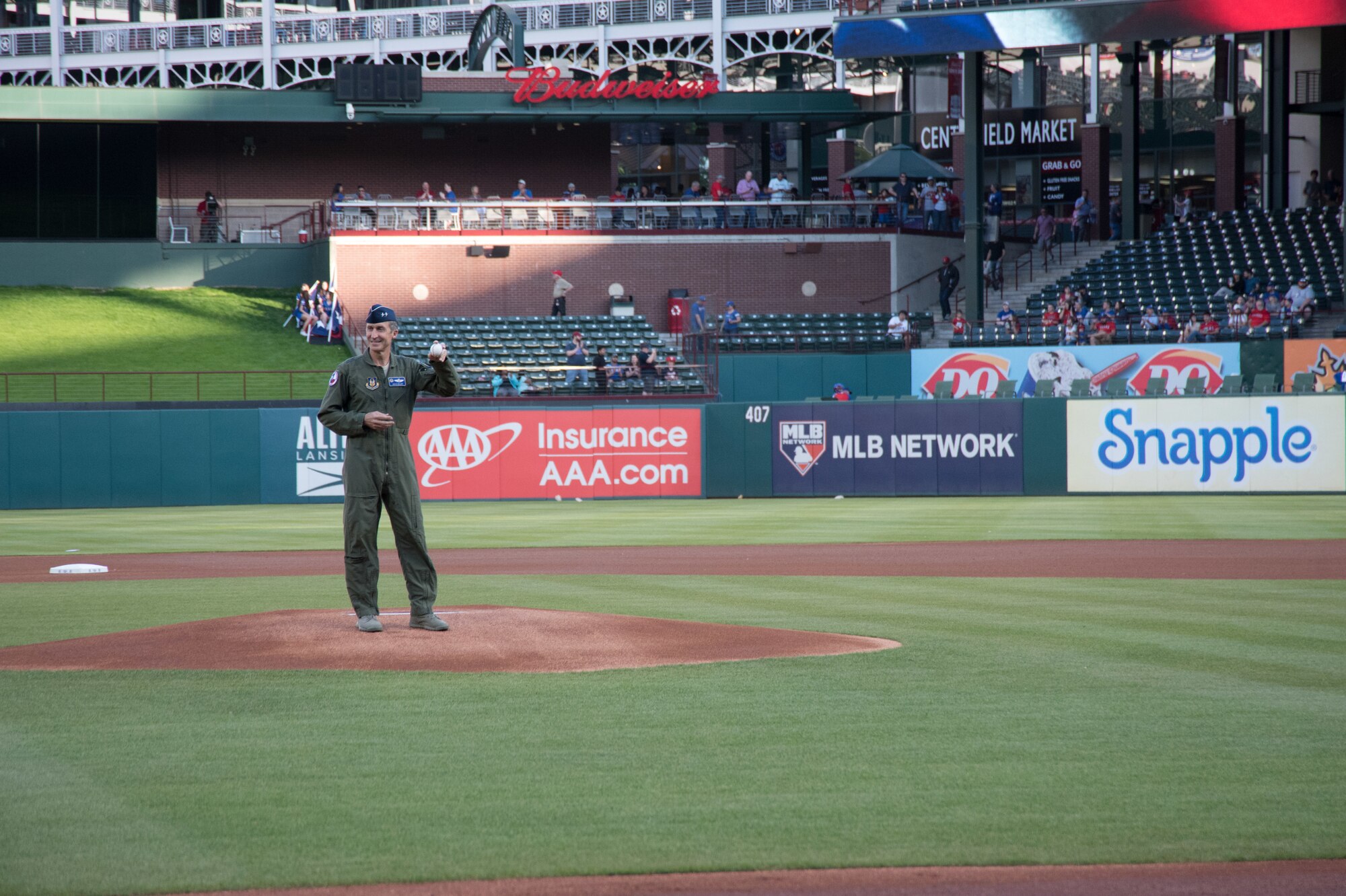 In celebration of Air Force Reserve's 70th Birthday, Maj. Gen. Ronald B. Miller threw out the first pitch at the Texas Rangers game against the Los Angeles Angels. The Dyess Air Force Base Honor Guard presented the colors for the game as well.
