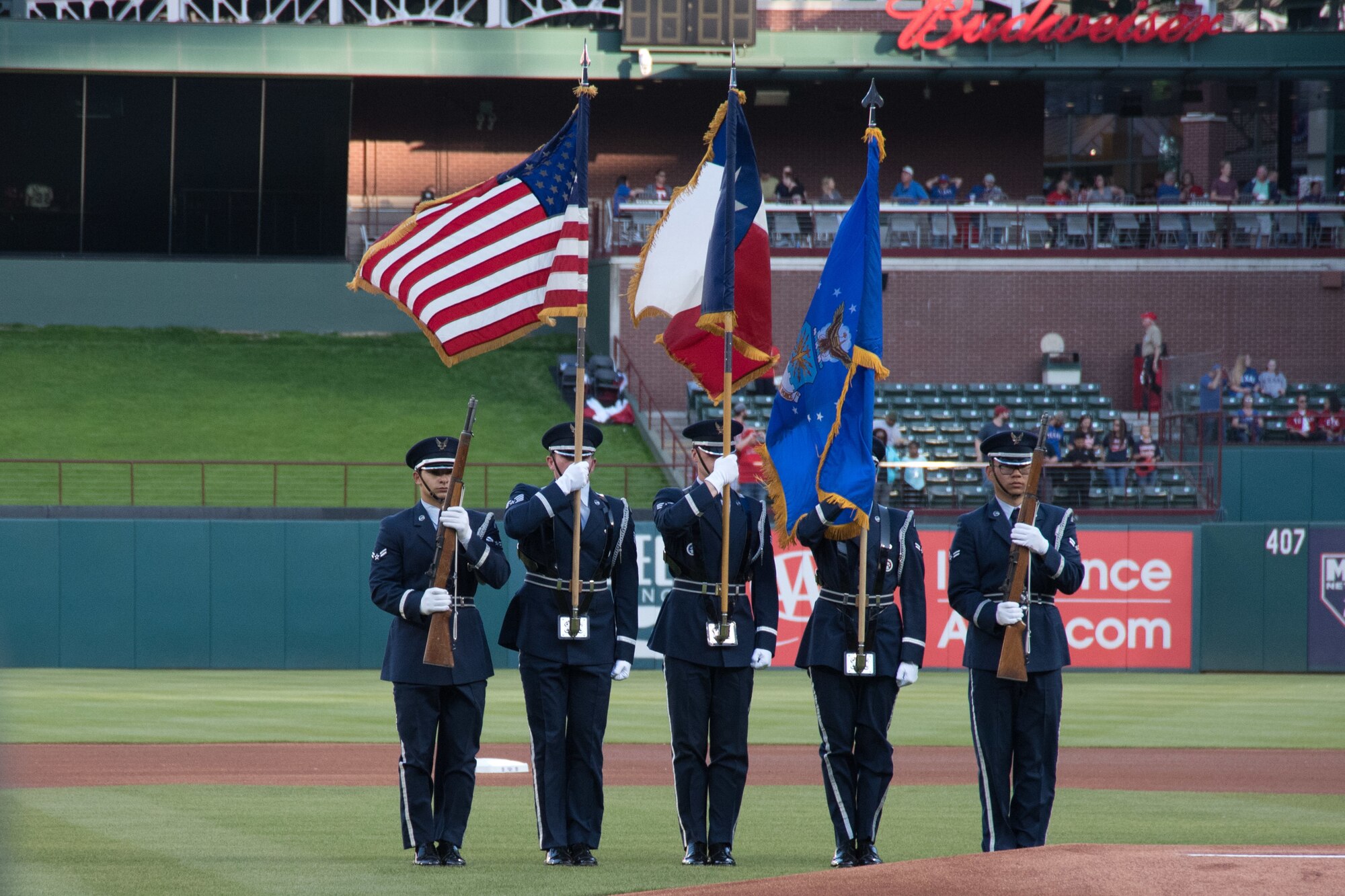 In celebration of Air Force Reserve's 70th Birthday, the Dyess Air Force Base Honor Guard presented the colors at the Texas Rangers game against the Los Angeles Angels.