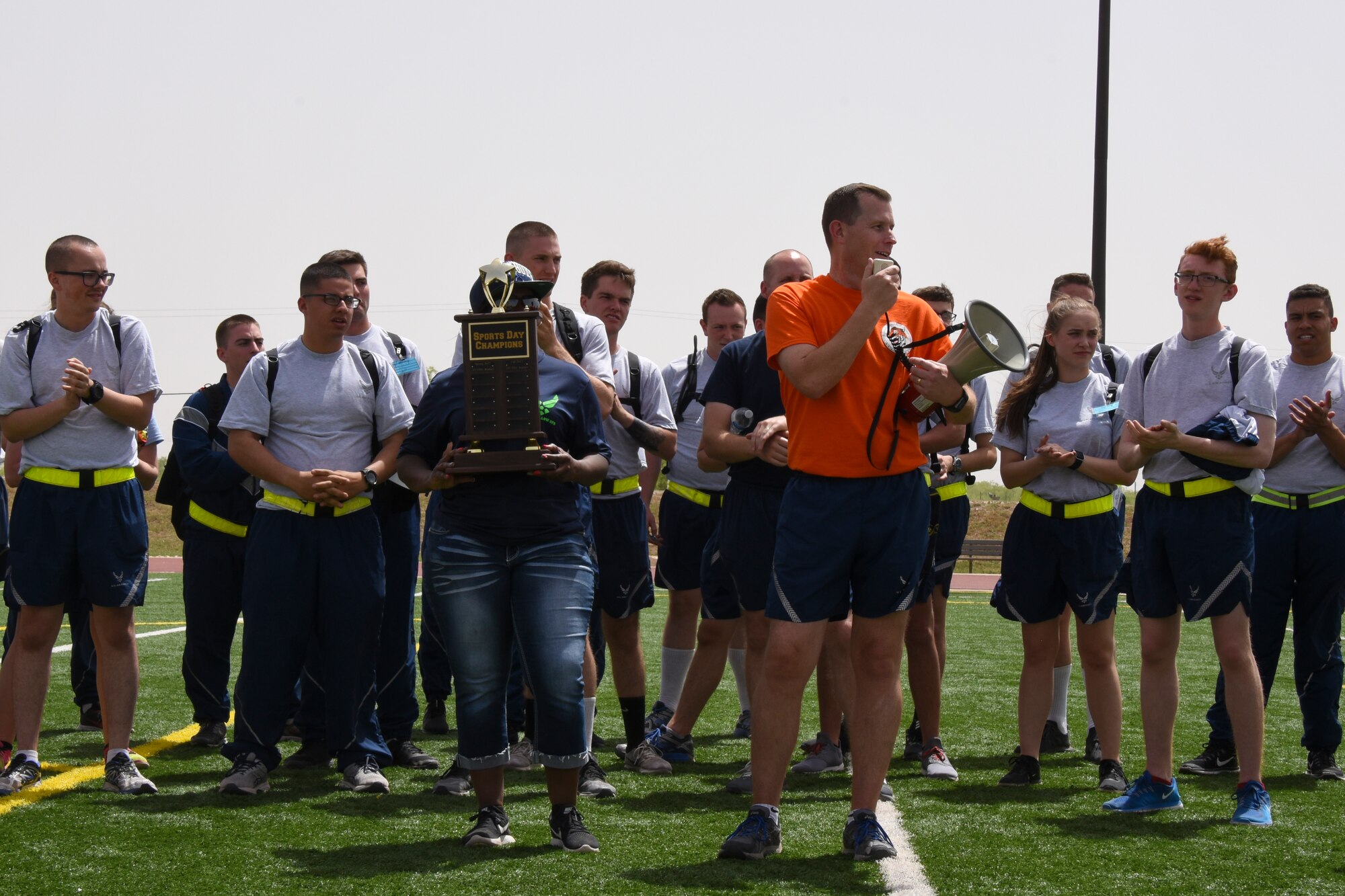 U.S. Air Force Col. Jeffrey Sorrelll, 17th Training Wing vice commander, addresses the crowd before announcing the winner of the Sports Day at the Mathis Fitness Center on Goodfellow Air Force Base, Texas. The 315th Training Squadron who had won the last two years was over thrown by the 316th Training Squadron.