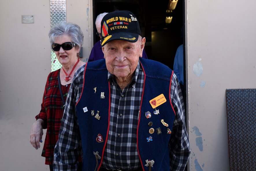 A member of the Texas chapter of the 3rd Marine Division Association, retired Marine Vietnam veteran, James Krodel, exits an escape training building while touring the Louise F. Garland Department of Defense Fire Academy on Goodfellow Air Force Base, Texas, April 13, 2018. The members of the association were able to observe training exercises and explore various facilities while touring the fire academy. (U.S. Air Force photo by Airman 1st Class Seraiah Hines/Released)