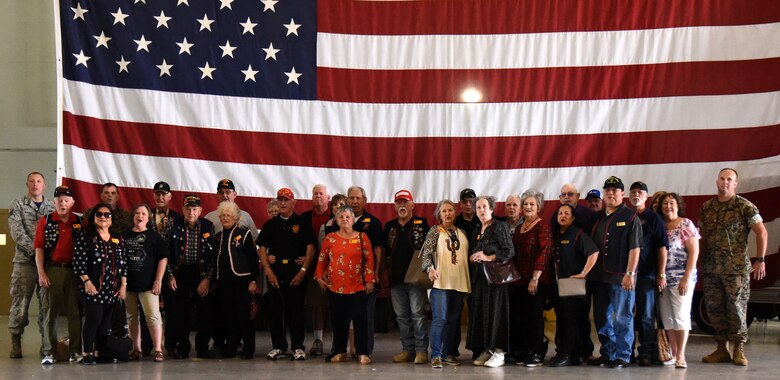 Members from the Texas chapter of the 3rd Marine Division Association and their tour guides finish off a tour with a singing of the Marine’s Hymn at the Louis F. Garland Department of Defense Fire Academy on Goodfellow Air Force Base, Texas, April 13, 2018. The members were educated about the strenuous training that fire protection specialists receive while attending the fire academy at Goodfellow. (U.S. Air Force photo by Airman 1st Class Seraiah Hines/Released)