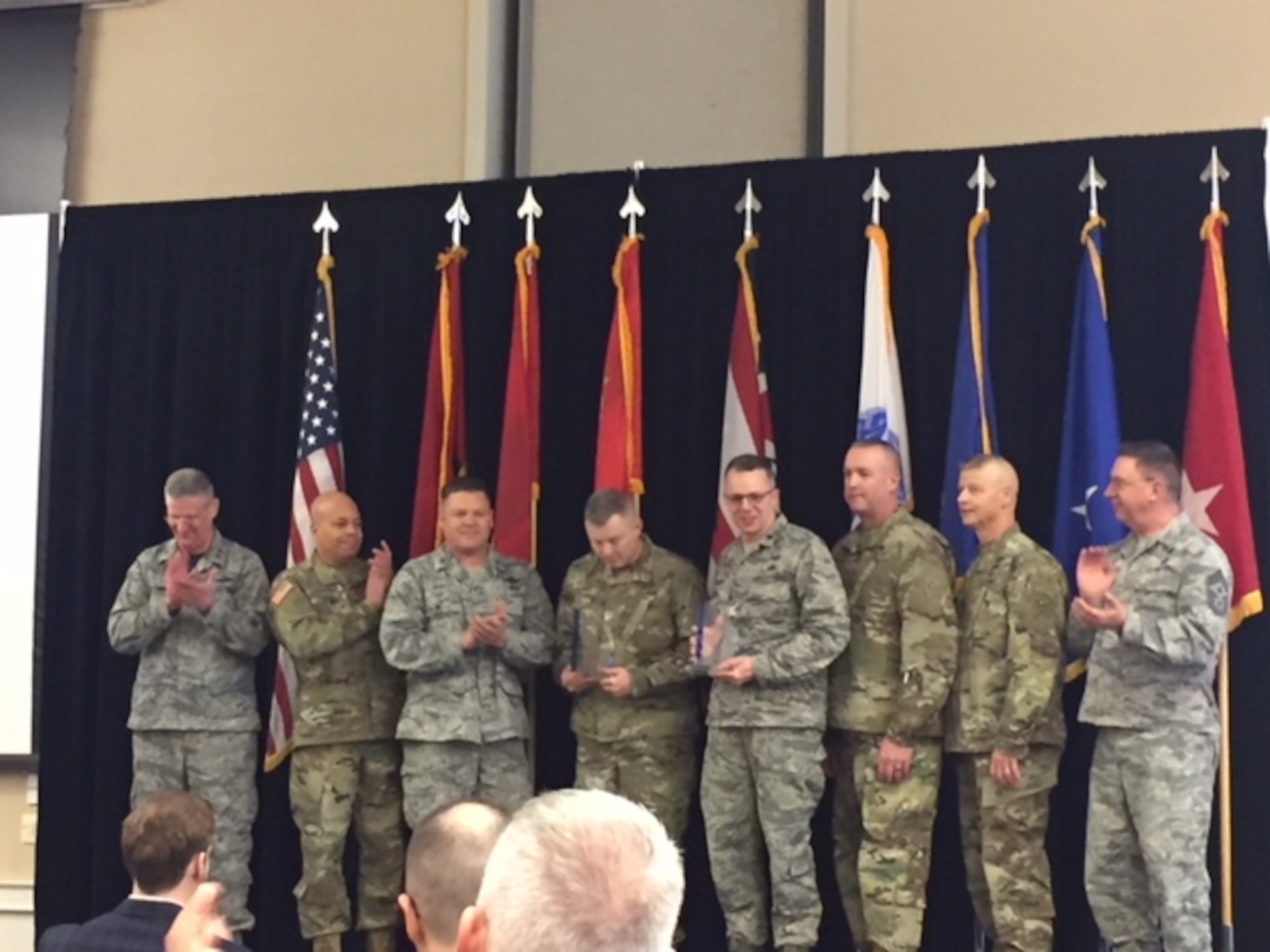 Lt. Col. Clarence “Kenny” Maynus from the 179th Airlift Wing, maintenance group was recognized Feb. 16, 2018 for his contributions to the Ohio National Guard in 2017 by earning the Major. Gen. Wayt Visionary Leadership Award. 
 The award was presented at the Joint Senior Leader Conference to one Airman and one Soldier in the Ohio National Guard for someone who has demonstrated leadership with the ability to think globally, create a learning organization, use the information for continuous improvement, and breakthrough innovation while providing visionary leadership to ensure stakeholder driven excellence. (Courtesy Photo/Released)